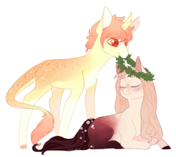 Size: 1272x1134 | Tagged: safe, artist:shady-bush, imported from derpibooru, oc, oc only, oc:citrus, oc:rosario, chest fluff, colored hooves, curved horn, eyes closed, female, flower, flower in tail, freckles, horn, leonine tail, male, mouth hold, oc x oc, prone, shipping, simple background, straight, transparent background