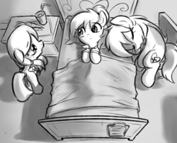 Size: 562x453 | Tagged: safe, artist:pestil, imported from derpibooru, oc, oc only, oc:aryanne, oc:ilse, oc:luftkrieg, earth pony, pegasus, pony, aryan, aryan pony, bed, black and white, blanket, blonde, butt, carrot, chair, cup, cute, eyes closed, female, filly, food, grayscale, mare, monochrome, nazi, nazipone, open mouth, plot, pool:luftkrieg cyoa, sleeping, straw, swastika