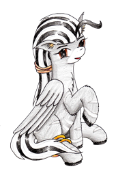 Size: 1966x2845 | Tagged: safe, artist:40kponyguy, derpibooru exclusive, edit, imported from derpibooru, oc, oc only, oc:kujivunia, pegasus, pony, zebra, 2019 community collab, derpibooru community collaboration, ear fluff, floppy ears, fluffy, leg bracelet, looking at you, raised hoof, simple background, solo, traditional art, transparent background, zebra oc