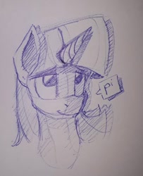 Size: 633x778 | Tagged: safe, artist:post-it, imported from derpibooru, twilight sparkle, pony, ballpoint pen, bust, female, lidded eyes, looking up, mare, monochrome, simple background, sketch, smiling, solo, traditional art, white background