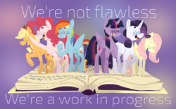 Size: 1280x800 | Tagged: safe, artist:toksinblack, imported from derpibooru, applejack, fluttershy, pinkie pie, rainbow dash, rarity, twilight sparkle, alicorn, pony, fame and misfortune, beanbrows, eyebrows, eyes closed, flawless, lyrics, mane six, open mouth, scene interpretation, song reference, text, twilight sparkle (alicorn), we're not flawless