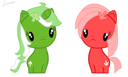 Size: 2500x1500 | Tagged: safe, artist:archooves, derpibooru exclusive, imported from derpibooru, oc, oc:downvote, oc:upvote, earth pony, pony, unicorn, derpibooru, cute, cutie mark crew, derpibooru ponified, meta, ponified, simple background, toy, transparent background