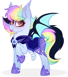 Size: 831x931 | Tagged: safe, artist:_spacemonkeyz_, imported from derpibooru, oc, oc only, oc:pidge, bat pony, pony, amputee, bandage, bat pony oc, hoof shoes, night guard, rainbow hair, raised hoof, simple background, solo, tongue out, transparent background