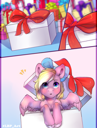 Size: 2480x3262 | Tagged: safe, artist:lucengue, artist:luxuryblackpants, imported from derpibooru, oc, oc only, oc:bay breeze, pegasus, pony, blushing, bow, box, cute, female, hair bow, looking up, mare, pony in a box, present, spread wings, wings