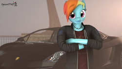 Size: 1920x1080 | Tagged: safe, artist:spinostud, imported from derpibooru, rainbow dash, anthro, 3d, car, clothes, female, hypercar, lamborghini, lamborghini gallardo, looking at you, mare, source filmmaker