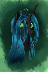 Size: 1140x1710 | Tagged: safe, artist:renarde-louve, imported from derpibooru, queen chrysalis, changeling, changeling queen, bust, crown, female, green eyes, jewelry, portrait, regalia, solo