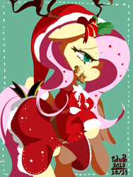 Size: 900x1200 | Tagged: safe, artist:tohupo, imported from derpibooru, fluttershy, pegasus, pony, christmas, clothes, cookie, costume, eating, female, floppy ears, food, hat, holiday, hooves, lineless, mare, santa costume, santa hat, solo