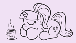 Size: 467x268 | Tagged: safe, artist:glimglam, imported from derpibooru, starlight glimmer, pony, unicorn, eyes closed, female, lineart, mug, prone, sleeping, solo, tumblr, tumblr 2018 nsfw purge