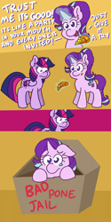 Size: 960x1920 | Tagged: safe, artist:threetwotwo32232, imported from derpibooru, starlight glimmer, twilight sparkle, alicorn, pony, unicorn, :|, adorable distress, bad pony, best pone, box, cardboard box, comic, cute, dialogue, disgusted, eyebrows, eyebrows visible through hair, female, floppy ears, food, frown, gay baby jail, glare, glimmerbetes, glowing horn, herbivore, jail, levitation, looking at you, magic, mare, no pupils, open mouth, phrasing, pineapple, pineapple pizza, pizza, pone, pony in a box, punishment, pure unfiltered evil, sad, sadorable, smiling, teary eyes, telekinesis, text, that pony sure does love pineapple pizza, they're just so cheesy, twilight sparkle (alicorn), wide eyes