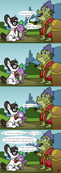 Size: 2039x5784 | Tagged: safe, artist:pony4koma, imported from derpibooru, raven, sludge (dragon), spike, dragon, pony, unicorn, father knows beast, clothes, female, glasses, hair bun, hugh hefner, interspecies, male, older, older spike, ponyville, racism, ravenspike, reference, robe, shipping, sludge (g4), spikelove, straight, twilight's castle, winged spike, wings