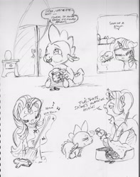 Size: 2439x3101 | Tagged: safe, artist:dilarus, deleted from derpibooru, imported from derpibooru, spike, starlight glimmer, twilight sparkle, alicorn, dragon, pony, unicorn, behaving like a cat, bits, broom, comic, dialogue, dustpan, female, hoarding, magic, male, mare, money, monochrome, pulse, simple background, spray bottle, telekinesis, traditional art, twilight sparkle (alicorn), vulgar, white background