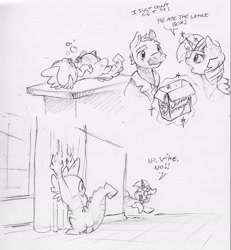 Size: 2394x2588 | Tagged: safe, artist:dilarus, deleted from derpibooru, imported from derpibooru, spike, twilight sparkle, alicorn, dragon, earth pony, pony, behaving like a cat, comic, dialogue, doctor, female, male, mare, monochrome, simple background, stallion, traditional art, twilight sparkle (alicorn), white background