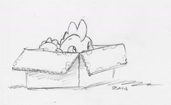 Size: 1809x1117 | Tagged: safe, artist:dilarus, deleted from derpibooru, imported from derpibooru, spike, dragon, behaving like a cat, box, dragon in a box, male, monochrome, simple background, traditional art, white background