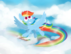 Size: 1032x774 | Tagged: safe, artist:sinshi-666, imported from derpibooru, rainbow dash, pegasus, pony, cloud, colored pupils, cute, female, flying, smiling, solo