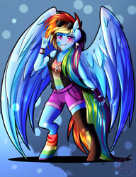Size: 784x1019 | Tagged: safe, artist:artquake1511, imported from derpibooru, rainbow dash, anthro, bracelet, clothes, gloves, hand, jewelry, necklace, pony ears, sexy, shirt, shorts, socks, sunglasses, t-shirt, wings