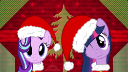 Size: 3840x2160 | Tagged: safe, artist:laszlvfx, artist:pink1ejack, edit, imported from derpibooru, starlight glimmer, twilight sparkle, pony, unicorn, christmas, cute, female, glimmerbetes, hat, holiday, looking at you, mare, one eye closed, santa hat, smiling, twiabetes, wallpaper, wallpaper edit, wink