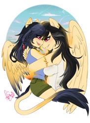 Size: 935x1280 | Tagged: safe, artist:yukie-shan, imported from derpibooru, daring do, oc, anthro, hybrid, female, hug, interspecies offspring, leonine tail, mother and daughter, offspring, parent:ahuizotl, parent:daring do, parents:darizotl