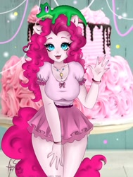 Size: 970x1280 | Tagged: safe, artist:yukie-shan, imported from derpibooru, gummy, pinkie pie, anthro, breasts, busty pinkie pie, cake, clothes, cutie mark necklace, dress, female, food, jewelry, necklace, sitting on head, streamers