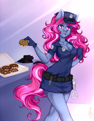 Size: 1275x1650 | Tagged: safe, artist:nanniras, imported from derpibooru, oc, oc only, anthro, anthro oc, breasts, cleavage, donut, female, food, police uniform, solo