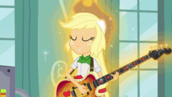 Size: 800x450 | Tagged: safe, imported from derpibooru, screencap, applejack, sunset shimmer, equestria girls, friendship games, the science of magic, animated, apple, applejack's hat, bass guitar, clipboard, clothes, cowboy hat, duo, duo female, eating, eyes closed, female, food, gif, guitar, hat, lab coat, magic, musical instrument, open mouth, ponied up, sunset the science gal, that pony sure does love apples