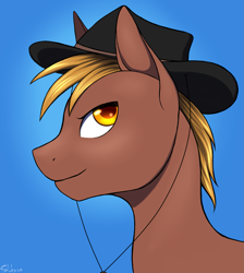 Size: 2073x2310 | Tagged: safe, artist:shkura2011, imported from derpibooru, oc, oc only, oc:calamity, pegasus, pony, fallout equestria, blue background, bust, cowboy hat, dashite, fanfic, fanfic art, gradient background, hat, male, portrait, profile, simple background, solo, stallion