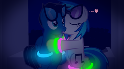 Size: 3840x2160 | Tagged: safe, artist:agkandphotomaker2000, imported from derpibooru, dj pon-3, vinyl scratch, oc, oc:pony video maker, pegasus, pony, unicorn, bipedal, canon x oc, cheek kiss, concert, dj booth, eyes closed, female, kiss on the cheek, kissing, light rings, male, open mouth, public, videoscratch