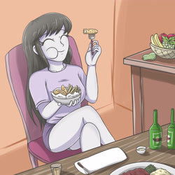 Size: 2952x2952 | Tagged: safe, artist:sumin6301, imported from derpibooru, octavia melody, equestria girls, alcohol, apple, banana, beer, bowl, chair, clothes, crossed legs, cute, eating, eyes closed, female, food, french fries, grapes, heineken, meat, shorts, solo, steak, table