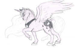 Size: 1280x881 | Tagged: safe, artist:carnivorouscaribou, imported from derpibooru, princess luna, pony, eyes closed, female, monochrome, solo, traditional art