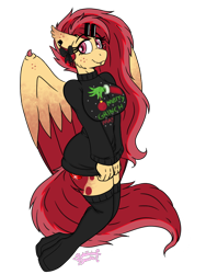 Size: 768x1024 | Tagged: safe, artist:rubysplash2018, imported from derpibooru, oc, oc only, oc:ruby splash, anthro, bat pony, bat pony oc, bottomless, bow, clothes, hair bow, hairclip, hybrid wings, jumper, partial nudity, simple background, socks, solo, sweater, the grinch, thigh highs, transparent background