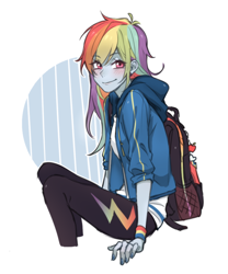 Size: 750x900 | Tagged: safe, artist:dcon, imported from derpibooru, rainbow dash, equestria girls, equestria girls series, anime, backpack, beautiful, blushing, clothes, female, implied appledash, implied lesbian, implied shipping, looking at you, multicolored hair, smiling, solo