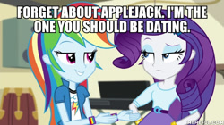 Size: 600x337 | Tagged: safe, edit, edited screencap, imported from derpibooru, screencap, rainbow dash, rarity, equestria girls, rainbow rocks, caption, female, image macro, implied lesbian, implied rarijack, implied shipping, lesbian, meme, memeful.com, raridash, shipping, text