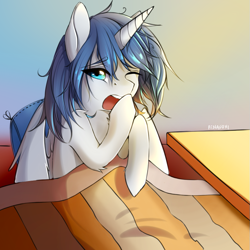 Size: 825x826 | Tagged: safe, artist:renaifoxi, imported from derpibooru, oc, oc:prince nova, alicorn, alicorn oc, bed, bed mane, in bed, male, stallion, yawn, young