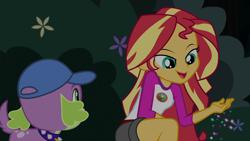 Size: 1920x1080 | Tagged: safe, imported from derpibooru, screencap, spike, spike the regular dog, sunset shimmer, dog, equestria girls, legend of everfree, camp everfree outfits, smiling