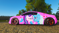 Size: 1920x1080 | Tagged: safe, artist:berryveloce, imported from derpibooru, starlight glimmer, trixie, unicorn, car, female, forza horizon, itasha, lesbian, mare, shipping, startrix