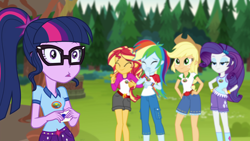 Size: 1920x1080 | Tagged: safe, imported from derpibooru, screencap, applejack, rainbow dash, rarity, sci-twi, sunset shimmer, twilight sparkle, equestria girls, legend of everfree, camp everfree outfits, female, forest, glasses, ponytail, tree