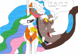 Size: 1024x714 | Tagged: safe, artist:purplewonderpower, deleted from derpibooru, imported from derpibooru, discord, princess celestia, dislestia, female, flirting, male, shipping, straight