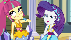 Size: 1912x1072 | Tagged: safe, imported from derpibooru, screencap, rarity, sour sweet, dance magic, equestria girls, spoiler:eqg specials, cute, duo, duo female, female, freckles, ponytail, raribetes, sourbetes