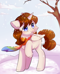 Size: 1981x2427 | Tagged: safe, artist:pledik808, artist:pledus, imported from derpibooru, oc, oc only, oc:faerie, alicorn, pony, :p, alicorn oc, chest freckles, clothes, digital art, ear piercing, eye clipping through hair, female, folded wings, freckles, high res, mare, one hoof raised, piercing, raised hoof, scarf, signature, silly, smiling, snow, solo, tongue out, tree, wings, winter, ych result