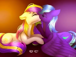Size: 2000x1500 | Tagged: safe, artist:cornelia_nelson, imported from derpibooru, oc, oc only, oc:daylily, oc:zolifer, earth pony, pegasus, pony, cute, duo, eyes closed, female, kiss on the lips, kissing, lesbian, mare, oc x oc, shipping