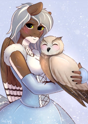 Size: 1063x1495 | Tagged: safe, artist:furrycrystal, imported from derpibooru, oc, oc only, oc:nocturnal flight, anthro, bird, owl, pegasus, anthro oc, clothes, digital art, dress, ear fluff, eyes closed, female, fingerless gloves, folded wings, gloves, looking at you, mare, signature, smiling, snow, solo, wings, winter, ych result