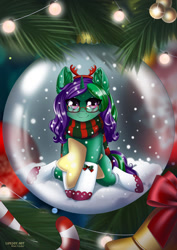 Size: 707x1000 | Tagged: safe, artist:lifejoyart, imported from derpibooru, oc, oc only, oc:buggy code, pony, unicorn, blushing, bow, candy, candy cane, christmas, christmas lights, christmas tree, clothes, commission, crystal ball, cute, digital art, ear fluff, female, floppy ears, food, glasses, holiday, looking at you, mare, scarf, signature, sitting, smiling, snow, snow globe, snowfall, socks, solo, stars, tree, ych result
