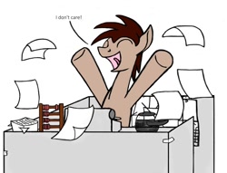 Size: 1014x773 | Tagged: safe, artist:dsb71013, imported from derpibooru, oc, oc only, oc:night cap, abacus, coffee, cubicle, happy, paper, typewriter