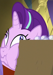 Size: 330x460 | Tagged: safe, imported from derpibooru, screencap, starlight glimmer, pony, unicorn, road to friendship, cropped, derp, female, mare, solo, squishy cheeks