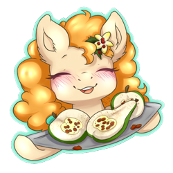 Size: 688x688 | Tagged: safe, artist:tokokami, imported from derpibooru, pear butter, earth pony, pony, blushing, cute, eyes closed, female, food, mare, pear, pearabetes, simple background, smiling, solo, transparent background