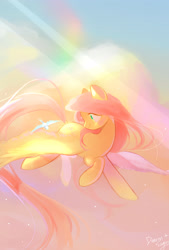 Size: 2051x3035 | Tagged: safe, artist:dreamsugar, imported from derpibooru, fluttershy, bird, pegasus, pony, beautiful, bright, cloud, crepuscular rays, female, flying, head turn, high res, looking at something, mare, profile, raised hoof, sky, smiling, solo, spread wings, sunlight, turned head, wings