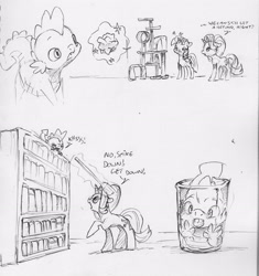 Size: 2410x2563 | Tagged: safe, artist:dilarus, deleted from derpibooru, imported from derpibooru, spike, starlight glimmer, twilight sparkle, alicorn, dragon, pony, unicorn, behaving like a cat, bookshelf, broom, cat tower, cat tree, dialogue, female, magic, male, mare, monochrome, onomatopoeia, simple background, telekinesis, traditional art, trash can, twilight sparkle (alicorn), white background