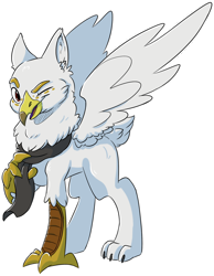 Size: 1824x2350 | Tagged: safe, artist:dilarus, deleted from derpibooru, imported from derpibooru, oc, oc only, griffon, clothes, color, male, one eye closed, scarf, simple background, traditional art, white background, wink