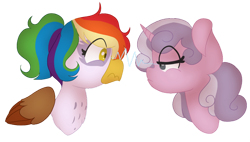 Size: 1188x673 | Tagged: safe, artist:bubaiuv, imported from derpibooru, oc, oc:quartz horn, oc:rainbow feather, crystal pony, griffon, pony, unicorn, interspecies offspring, magical lesbian spawn, offspring, parent:gilda, parent:rainbow dash, parents:gildash, staring contest