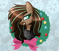 Size: 774x662 | Tagged: safe, artist:sugaryicecreammlp, imported from derpibooru, oc, oc only, oc:mint, pegasus, pony, bust, christmas wreath, female, mare, portrait, solo, wreath