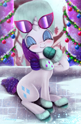 Size: 3360x5120 | Tagged: safe, artist:darksly, imported from derpibooru, rarity, pony, unicorn, best gift ever, blushing, christmas ornament, cute, decoration, eyes closed, female, fur, hat, hoof shoes, mare, raised hoof, russian hat, sitting, smiling, snow, sunglasses, tinsel, ushanka, winter outfit